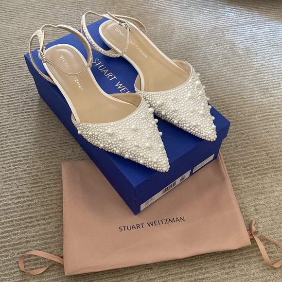 Stuart Weitzman Pearl Satin Bliss Flats White Pointed Toe Bridal Shoes Size 11 - Picture 1 of 17